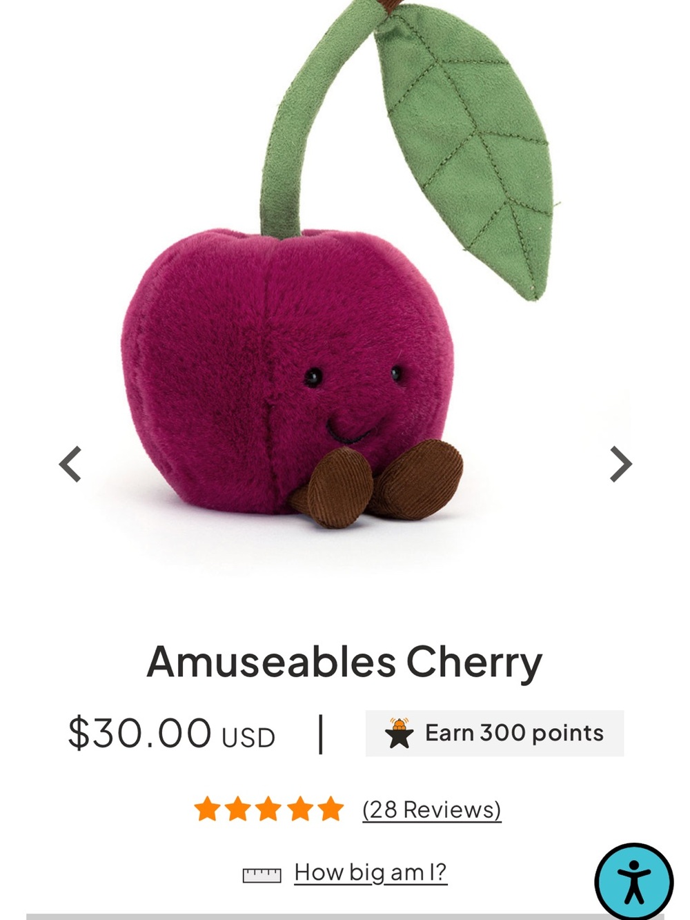 Jellycat Plum Cherry Plush with Green Leaf and Brown Feet